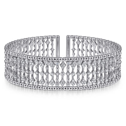 Wide 14K White Gold Cage Cuff Bracelet with Diamond Stations