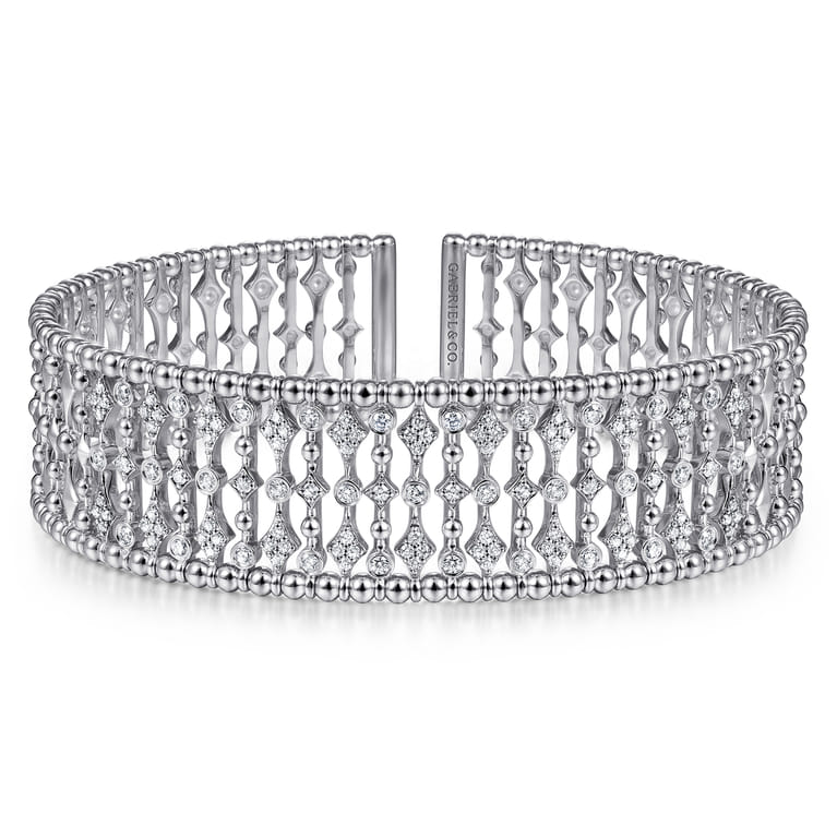 Wide 14K White Gold Cage Cuff Bracelet with Diamond Stations - 0.86 ct - Shot 1