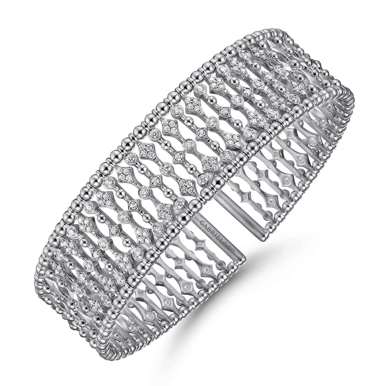 Wide 14K White Gold Cage Cuff Bracelet with Diamond Stations - 0.86 ct - Shot 2