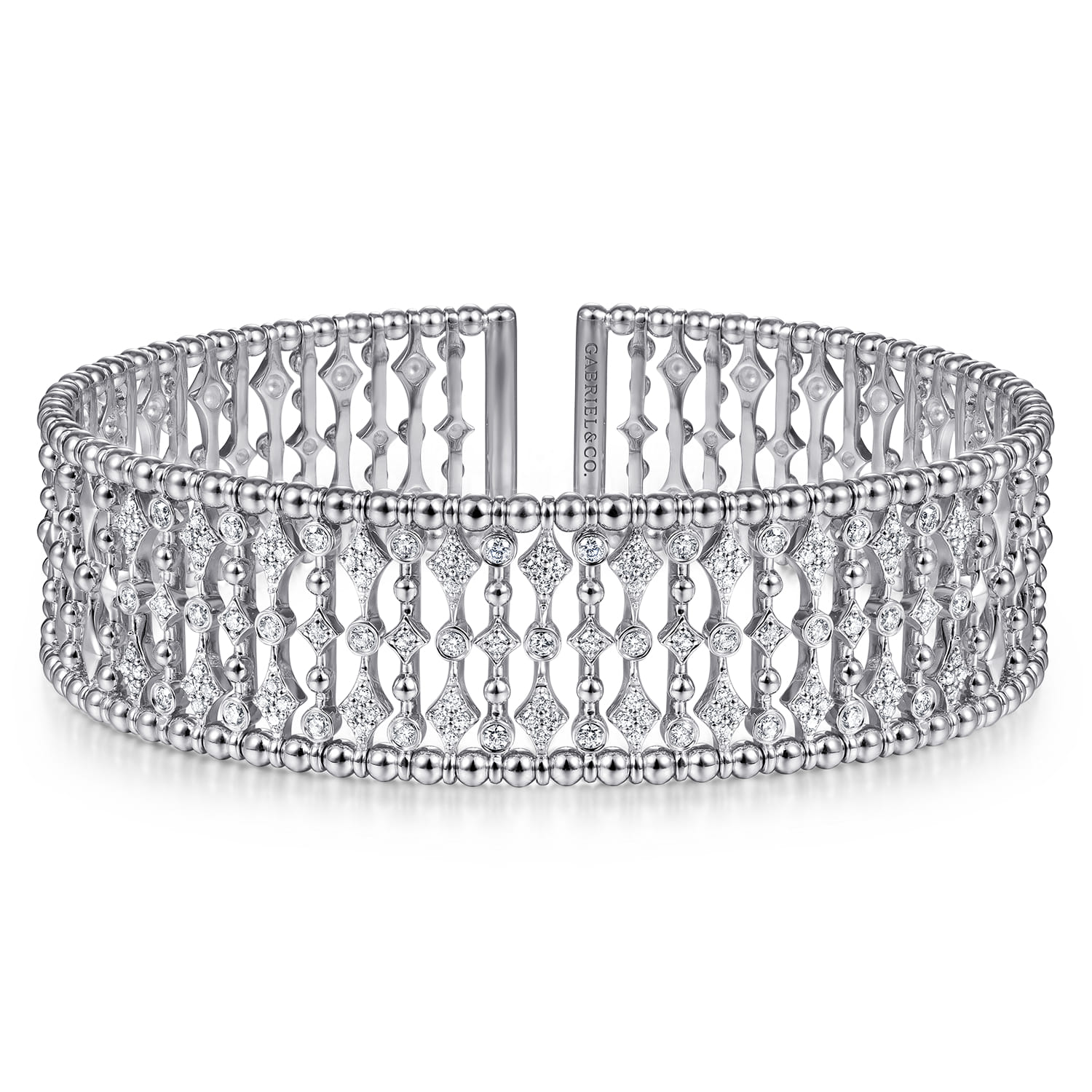 Wide 14K White Gold Cage Cuff Bracelet with Diamond Stations - 0.86 ct - Shot 1