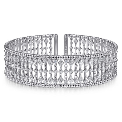Wide 14K White Gold Cage Cuff Bracelet with Diamond Stations