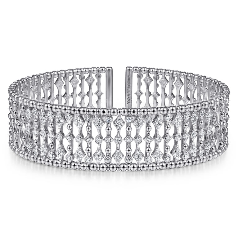Wide 14K White Gold Cage Cuff Bracelet with Diamond Stations - 0.86 ct - Shot 1