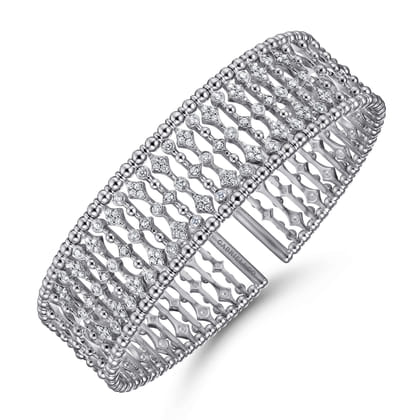 Wide 14K White Gold Cage Cuff Bracelet with Diamond Stations