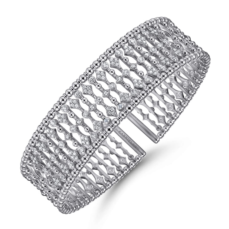 Wide 14K White Gold Cage Cuff Bracelet with Diamond Stations - 0.86 ct - Shot 2