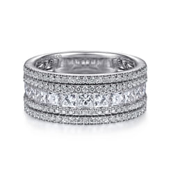 Wide 14K White Gold Channel Set Diamond Anniversary Band with Round and Princess Cut Diamonds