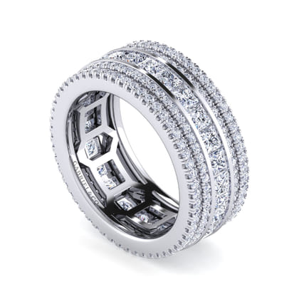 Wide 14K White Gold Channel Set Diamond Anniversary Band with Round and Princess Cut Diamonds