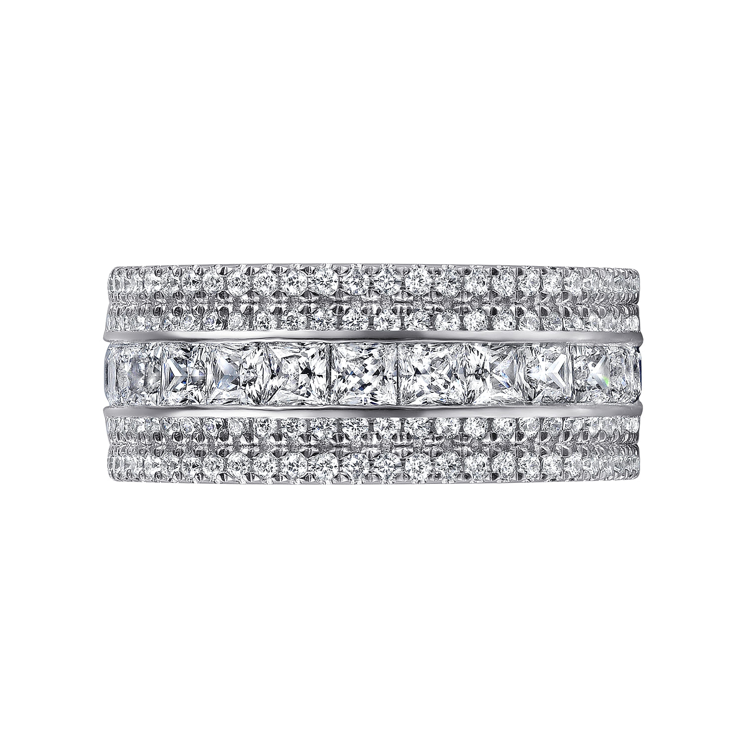 Wide 14K White Gold Channel Set Diamond Anniversary Band with Round and Princess Cut Diamonds