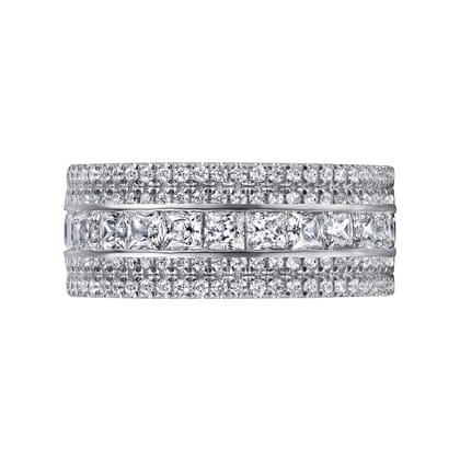 Wide 14K White Gold Channel Set Diamond Anniversary Band with Round and Princess Cut Diamonds