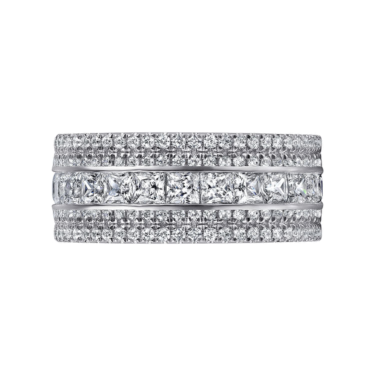 Wide 14K White Gold Channel Set Diamond Anniversary Band with Round and Princess Cut Diamonds