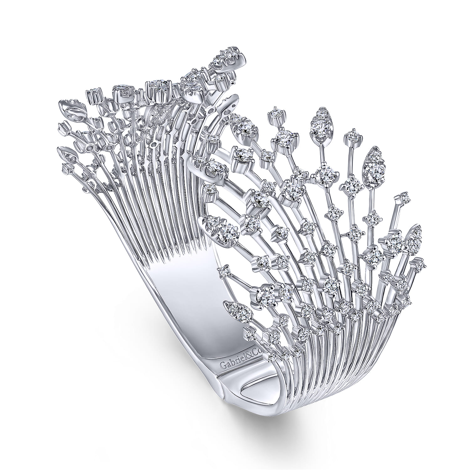 Wide 14K White Gold Diamond Burst Split Cuff Bracelet - 5.34 ct - Shot 2