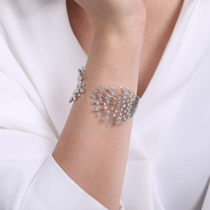 Wide 14K White Gold Diamond Burst Split Cuff Bracelet