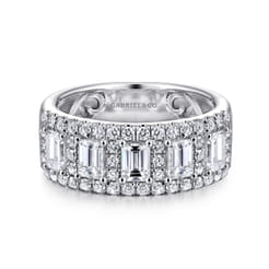 Wide 14K White Gold Emerald Cut and Round Diamond Anniversary Band