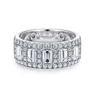 Wide 14K White Gold Emerald Cut and Round Diamond Anniversary Band