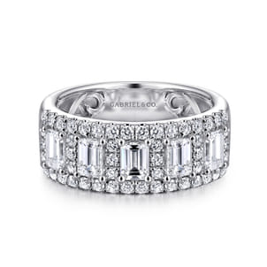 Wide 14K White Gold Emerald Cut and Round Diamond Anniversary Band
