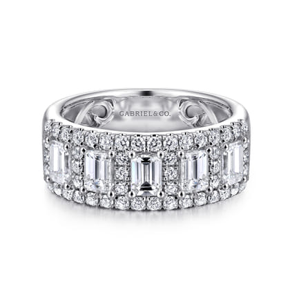 Wide 14K White Gold Emerald Cut and Round Diamond Anniversary Band