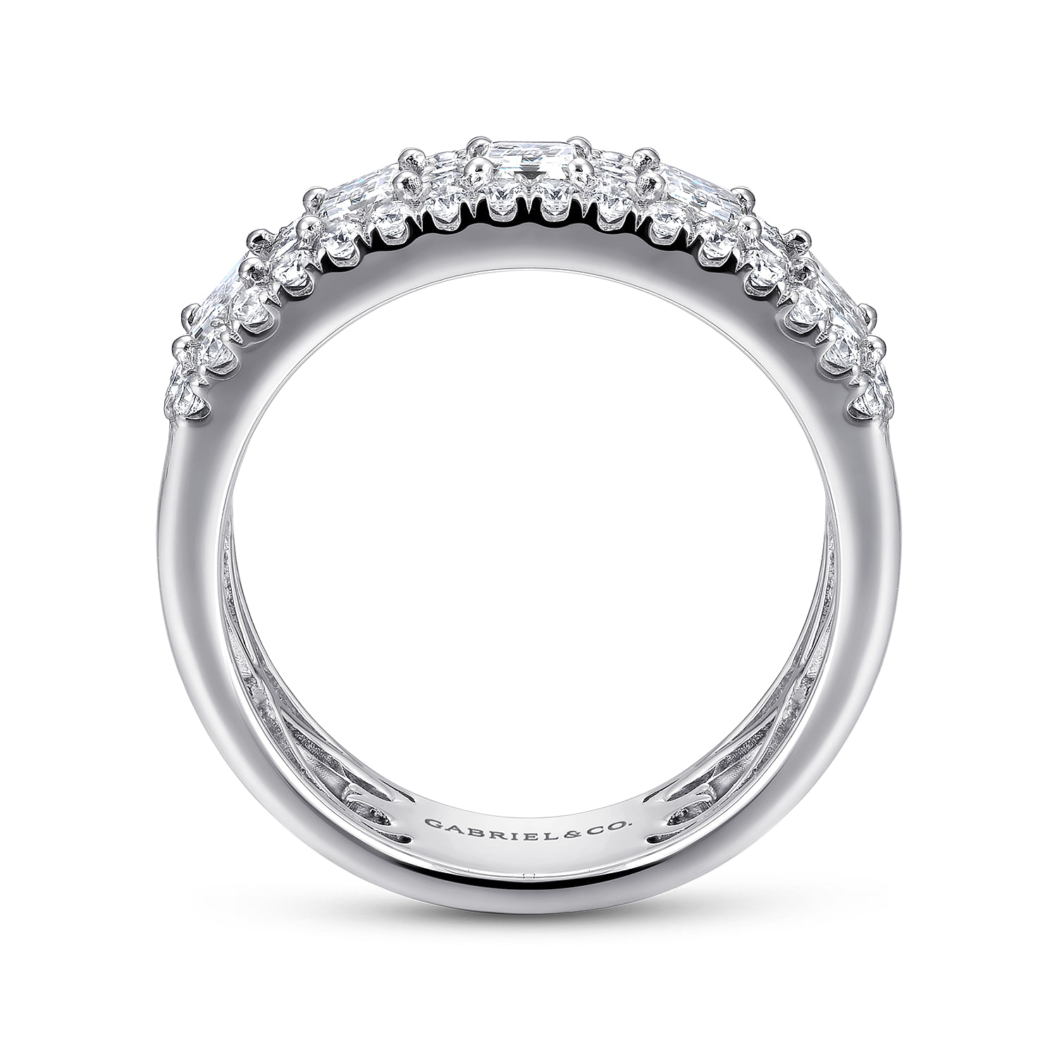 Wide 14K White Gold Emerald Cut and Round Diamond Anniversary Band