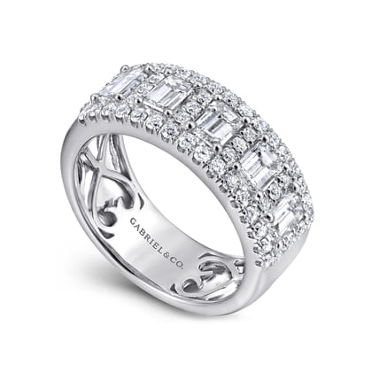 Wide 14K White Gold Emerald Cut and Round Diamond Anniversary Band