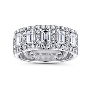 Wide 14K White Gold Emerald Cut and Round Diamond Anniversary Band