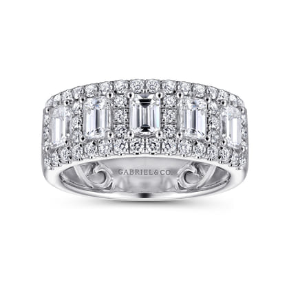 Wide 14K White Gold Emerald Cut and Round Diamond Anniversary Band