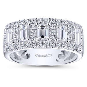 Wide 14K White Gold Emerald Cut and Round Diamond Anniversary Band