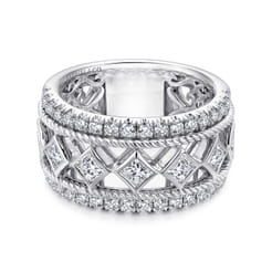 Wide 14K White Gold Geometric Princess Cut and Round Diamond Anniversary Band