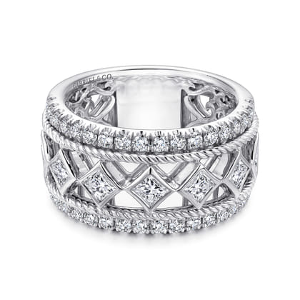 Wide 14K White Gold Geometric Princess Cut and Round Diamond Anniversary Band