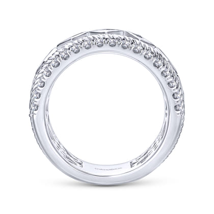 Wide 14K White Gold Geometric Princess Cut and Round Diamond Anniversary Band