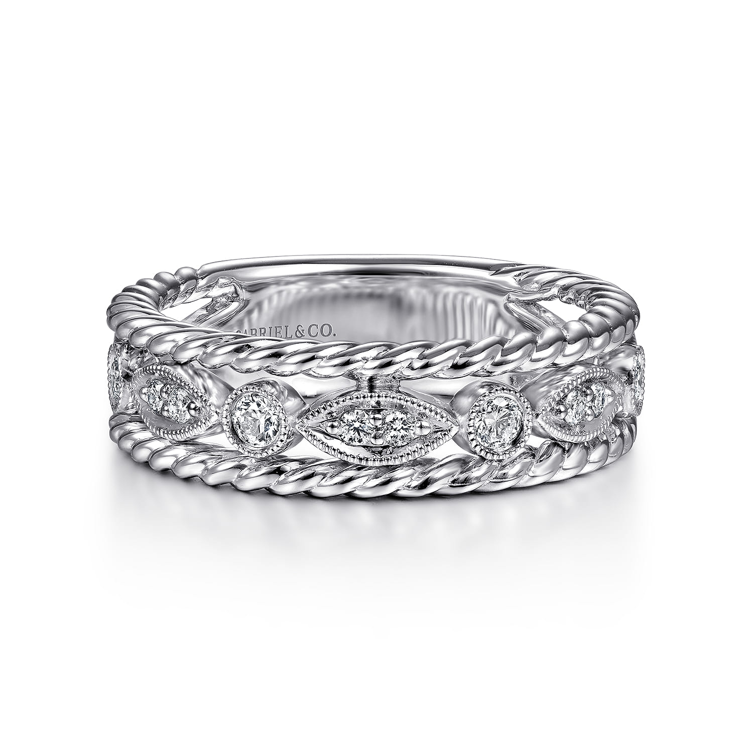 Fancy Wedding Ring in 14k White Gold with Round Natural Diamond at Gabriel & Co. - Shot 1