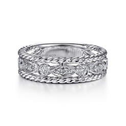 Wide 14K White Gold Marquise and Round Station Diamond Anniversary Band with Twisted Rope Frame