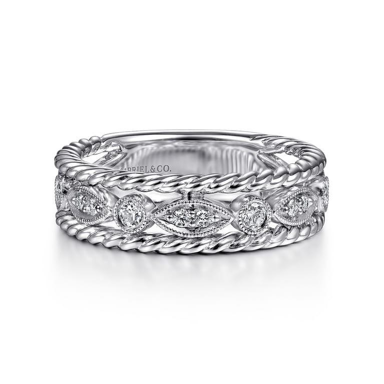 Fancy Wedding Ring in 14k White Gold with Round Natural Diamond at Gabriel & Co. - Shot 1