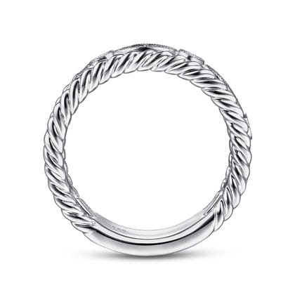 Wide 14K White Gold Marquise and Round Station Diamond Anniversary Band with Twisted Rope Frame