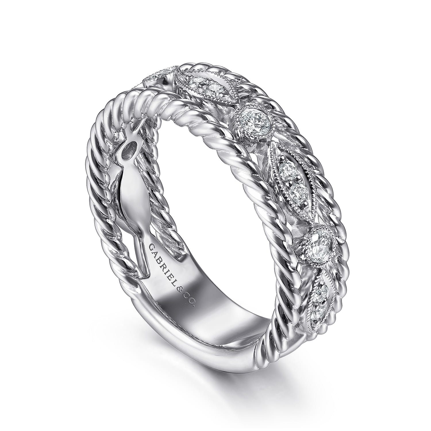 Fancy Wedding Ring in 14k White Gold with Round Natural Diamond at Gabriel & Co. - Shot 3