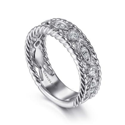 Wide 14K White Gold Marquise and Round Station Diamond Anniversary Band with Twisted Rope Frame