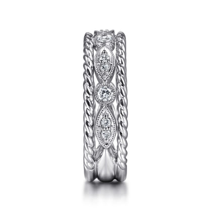 Wide 14K White Gold Marquise and Round Station Diamond Anniversary Band with Twisted Rope Frame