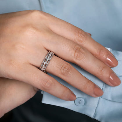 Wide 14K White Gold Marquise and Round Station Diamond Anniversary Band with Twisted Rope Frame