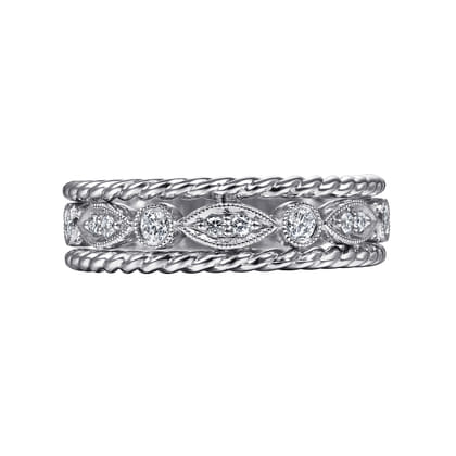 Wide 14K White Gold Marquise and Round Station Diamond Anniversary Band with Twisted Rope Frame
