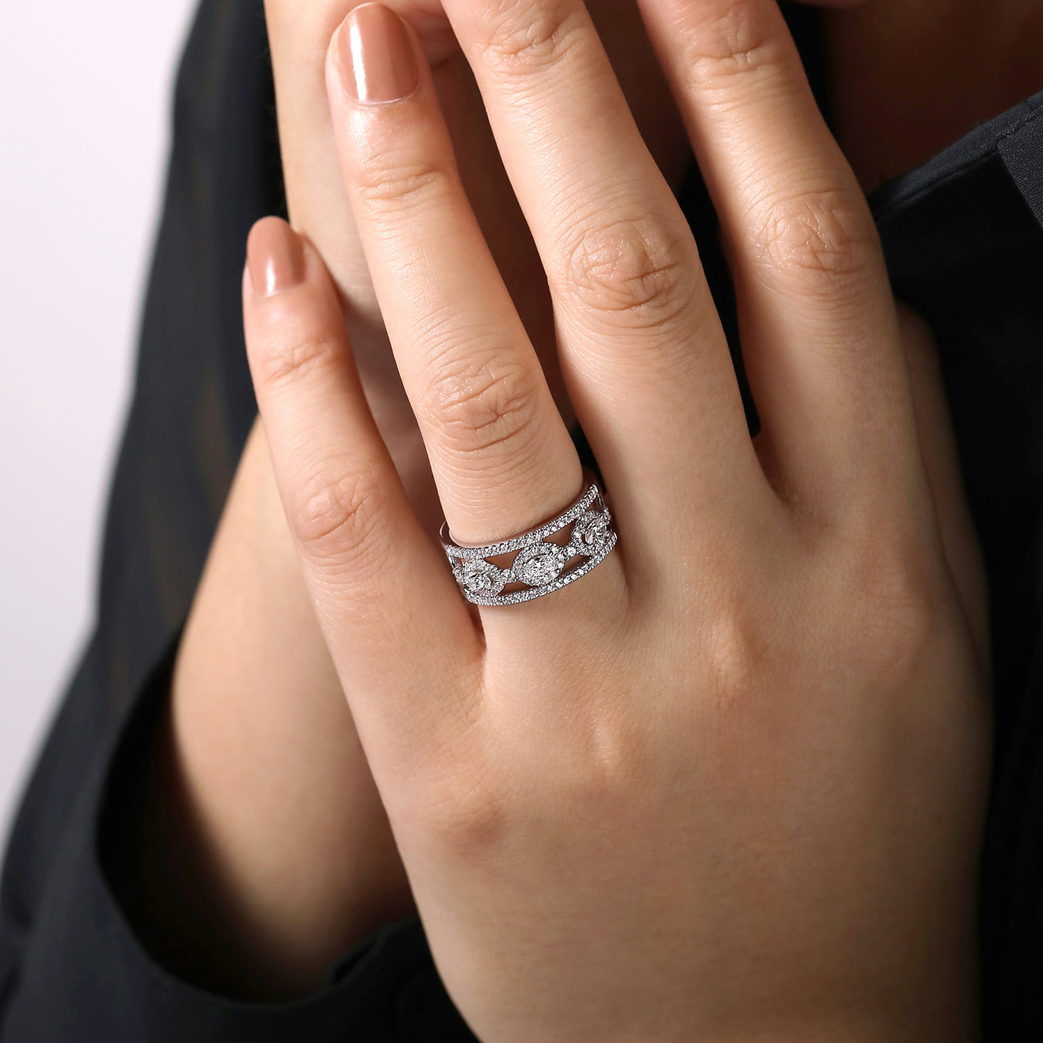 Fancy Wedding Ring in 14k White Gold with Oval Natural Diamond at Gabriel & Co. - Shot 5