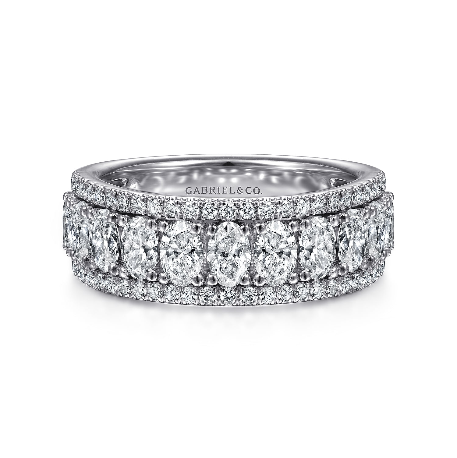 Wide 14K White Gold Oval and Round Diamond Anniversary Band