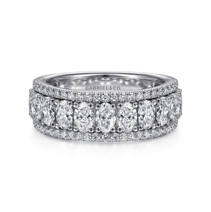 Wide 14K White Gold Oval and Round Diamond Anniversary Band