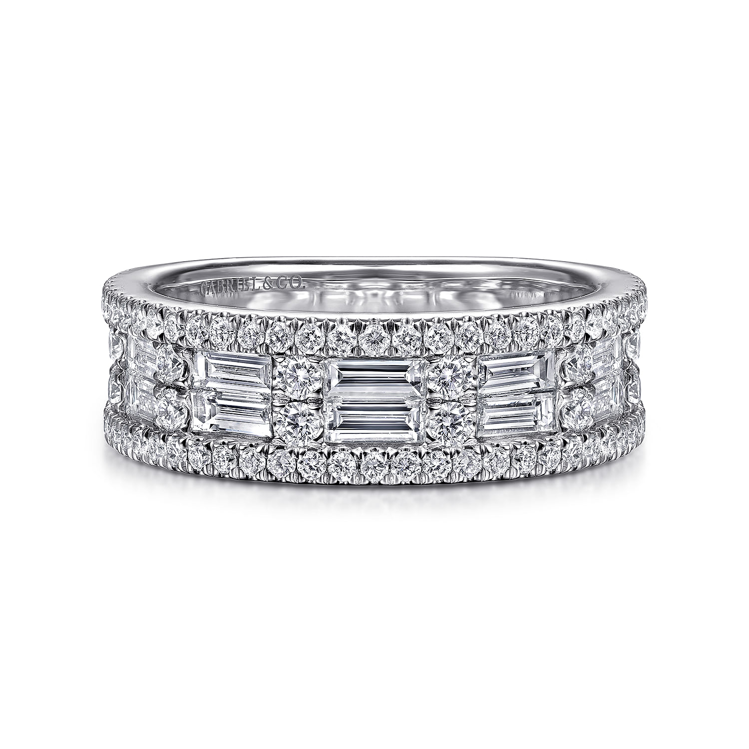 Wide 14K White Gold Round and Baguette Diamond Anniversary Band