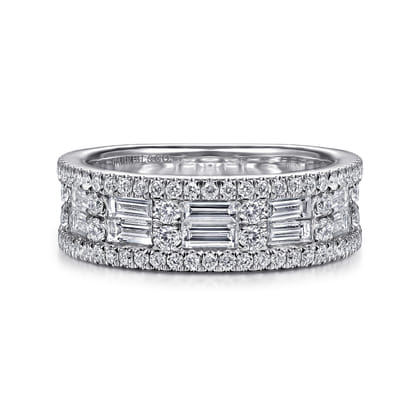 Wide 14K White Gold Round and Baguette Diamond Anniversary Band