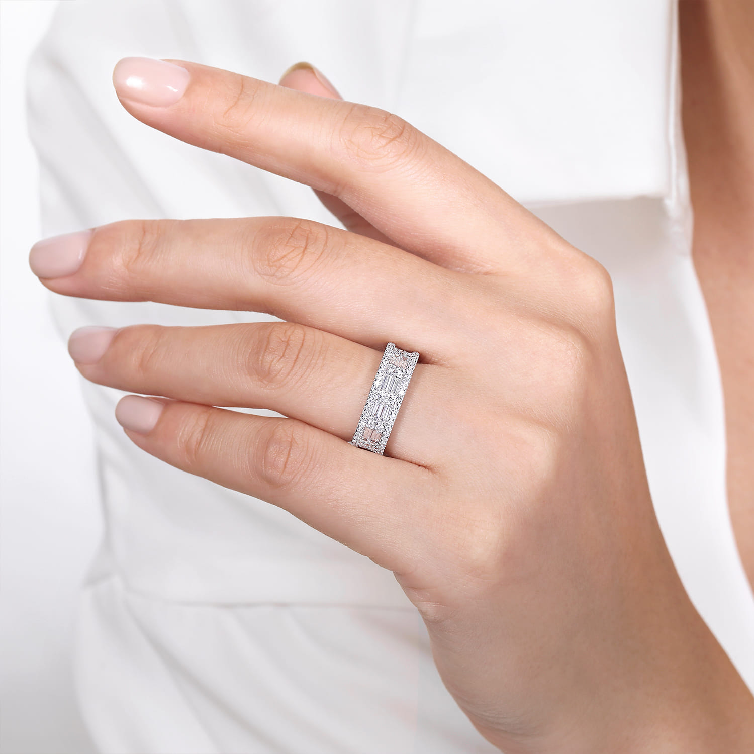 Wide 14K White Gold Round and Baguette Diamond Anniversary Band