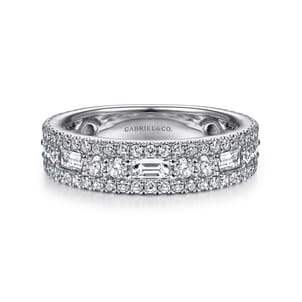 Wide 14K White Gold Round and Baguette Diamond Anniversary Band