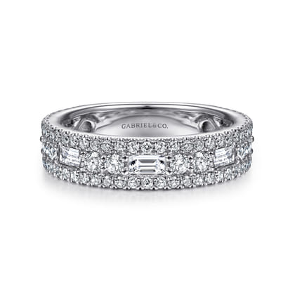 Wide 14K White Gold Round and Baguette Diamond Anniversary Band