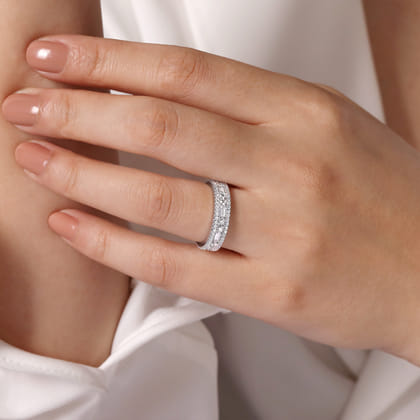 Wide 14K White Gold Round and Baguette Diamond Anniversary Band