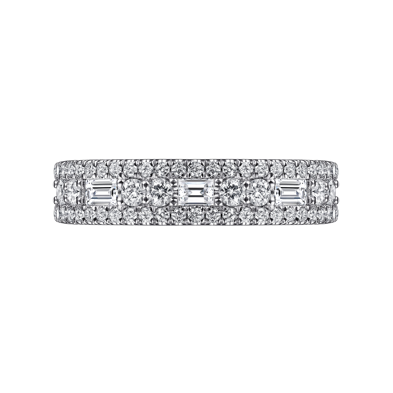 Wide 14K White Gold Round and Baguette Diamond Anniversary Band