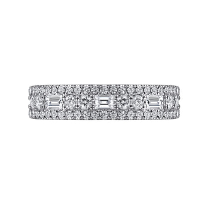 Wide 14K White Gold Round and Baguette Diamond Anniversary Band