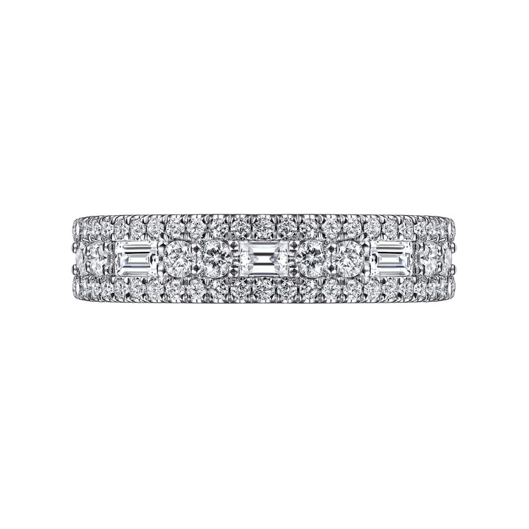 Wide 14K White Gold Round and Baguette Diamond Anniversary Band