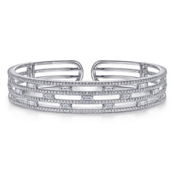 Wide 14K White Gold Round and Baguette Diamond Bangle Bracelet