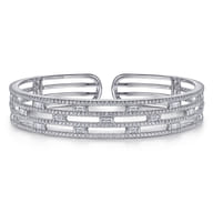 Wide 14K White Gold Round and Baguette Diamond Bangle Bracelet